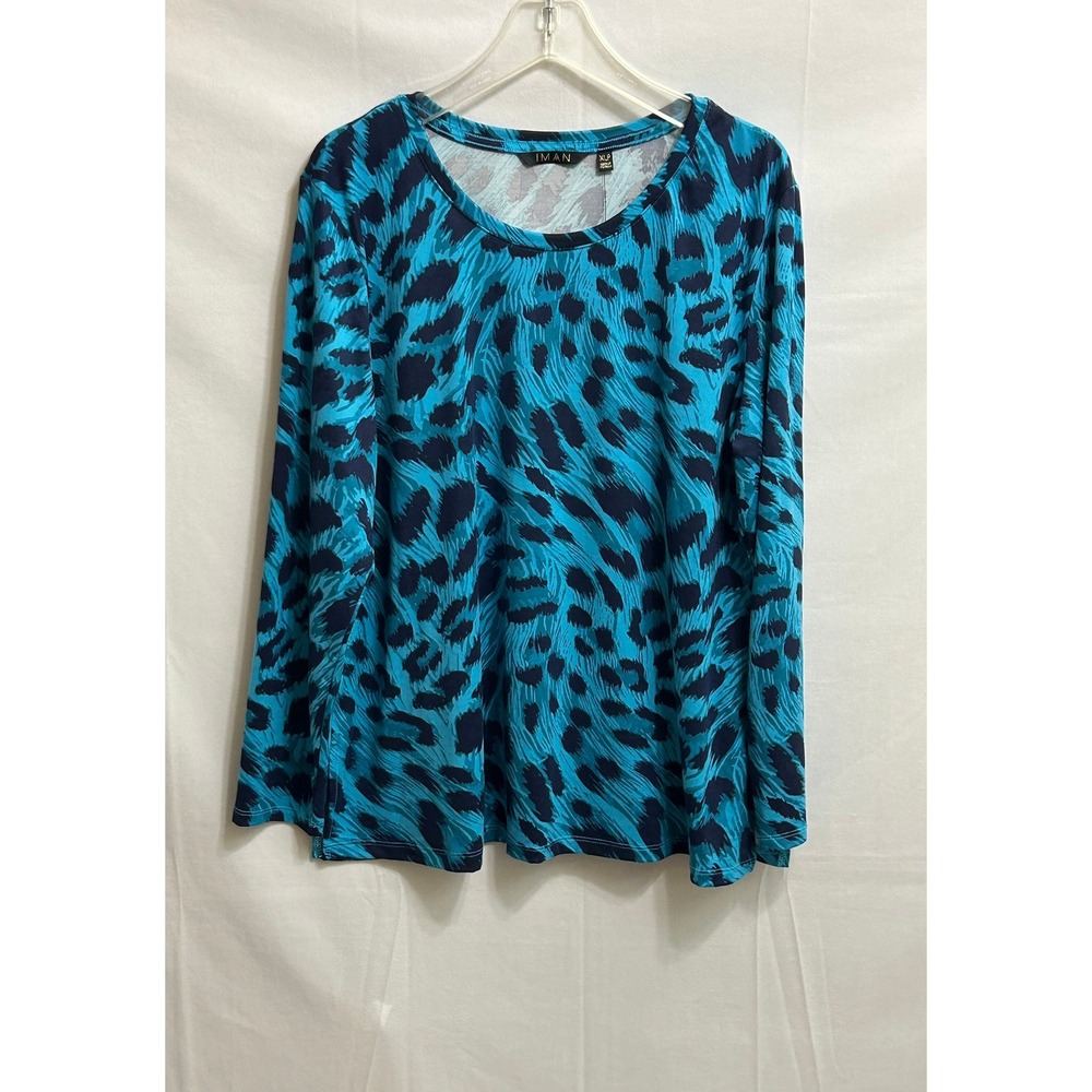 NWT IMAN Womens Blue Animal Print Long Sleeve Crew Neck Top XL